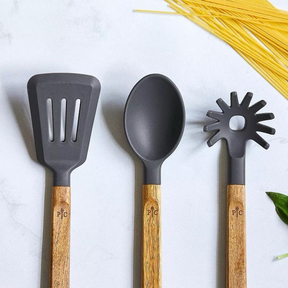 Pampered Chef Charcoal Silicone Utensil Trio with Wooden Handles